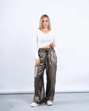 Metallic Double-Waist Wide-Leg Pants