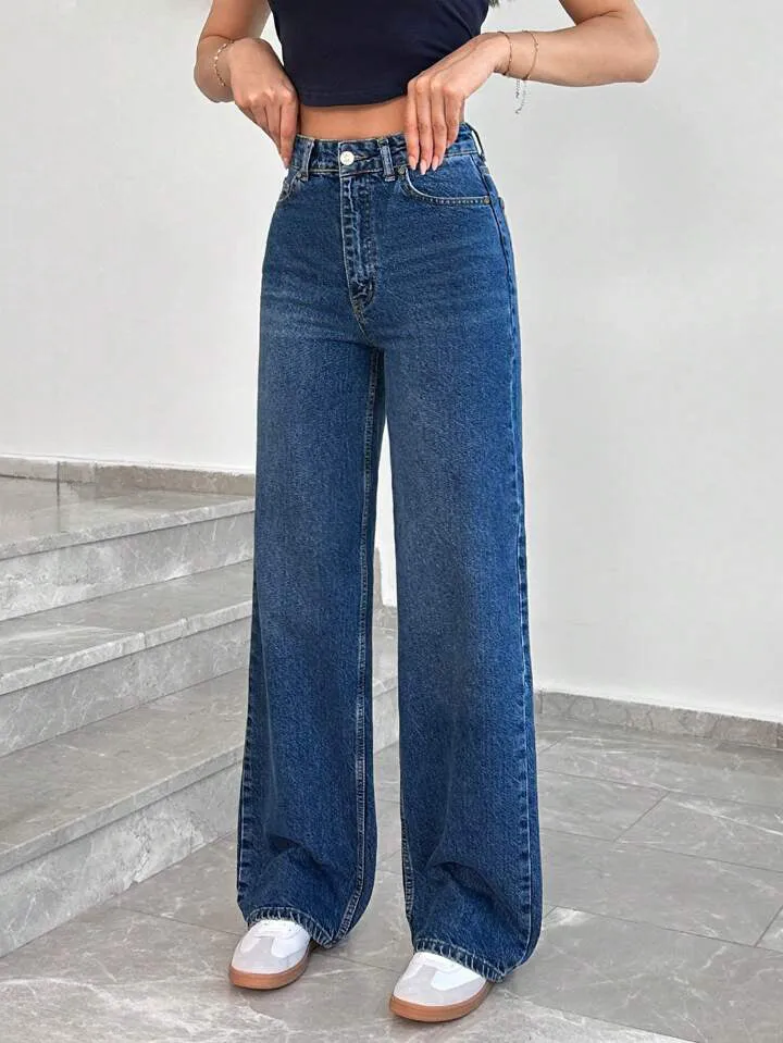 Midnight Blue Whisker Stretchable Wide Leg Jeans