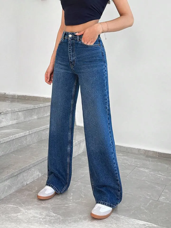 Midnight Blue Whisker Stretchable Wide Leg Jeans
