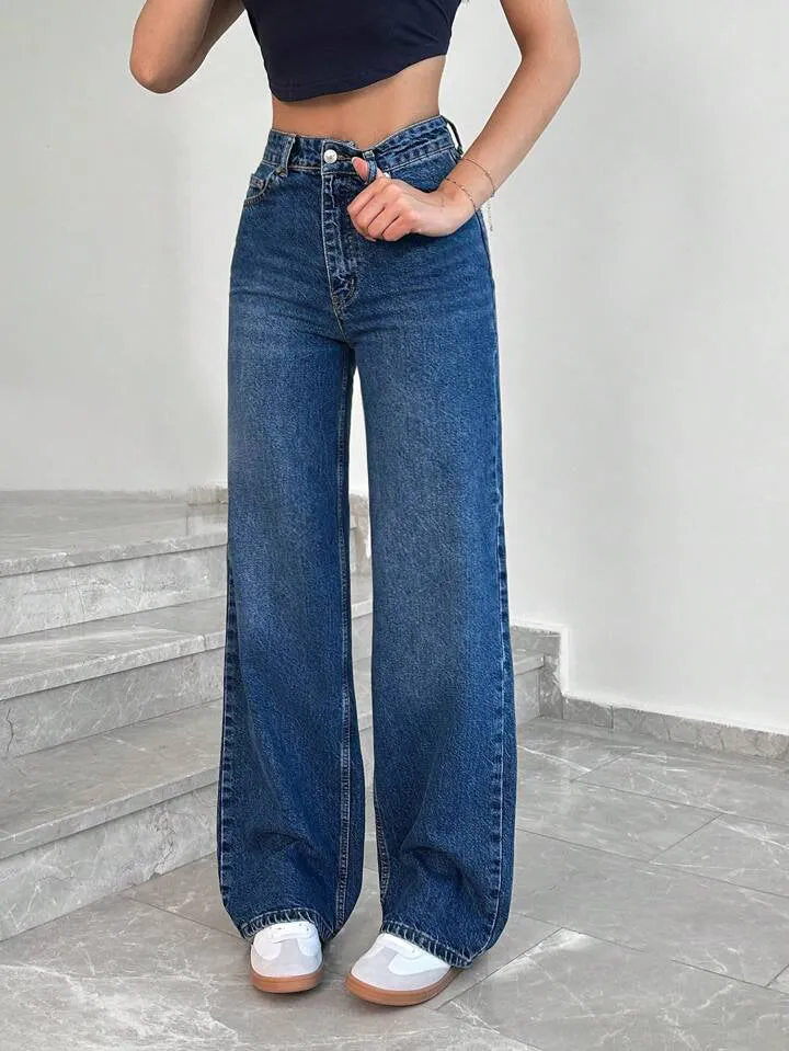 Midnight Blue Whisker Stretchable Wide Leg Jeans