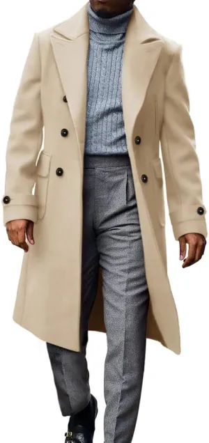 MNCEGEER Men's Trench Coat Notch Lapel Double Breasted Casual Cotton Blend Peacoat