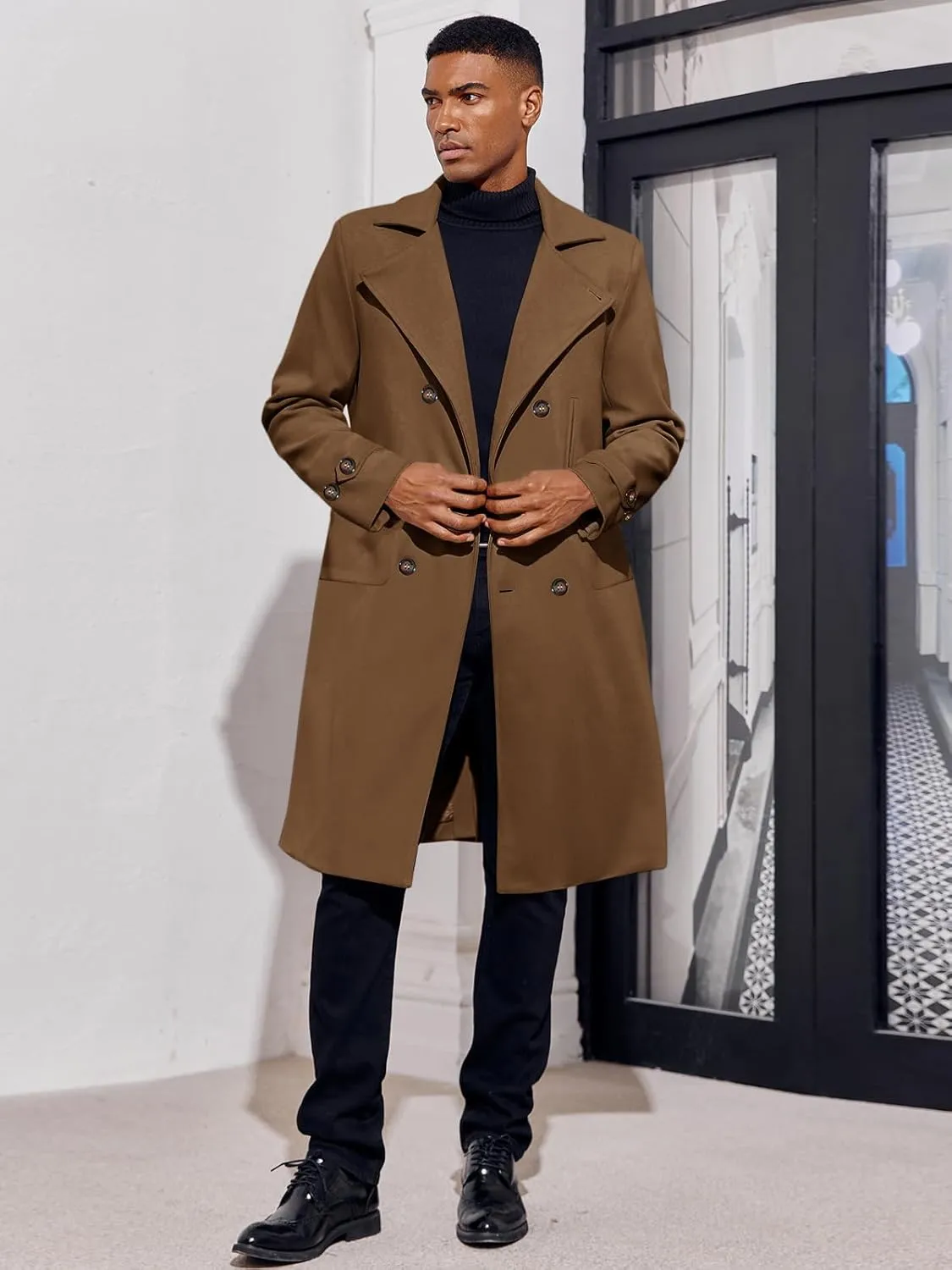 MNCEGEER Men's Trench Coat Notch Lapel Double Breasted Casual Cotton Blend Peacoat