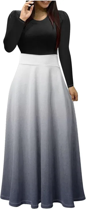 MRGIINRI Womens Long Sleeve Maxi Dress 2024 Fall Casual Crewneck Tunic Dresses Elegant High Waist Elastic Cocktail Party Gown