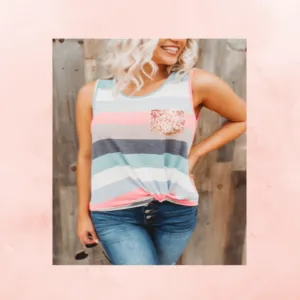 Multicolor Sequin Pocket Patchwork Striped Tank Top