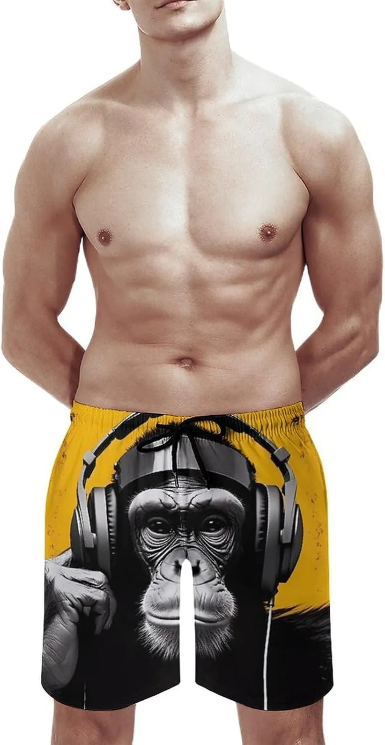 Music Headphone Monkey Men's Swim Trunks Quick Dry Bathing Suit Swimming Board Shorts Beach Swimwear