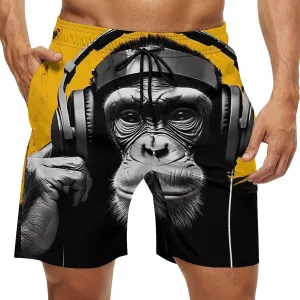 Music Headphone Monkey Men's Swim Trunks Quick Dry Bathing Suit Swimming Board Shorts Beach Swimwear