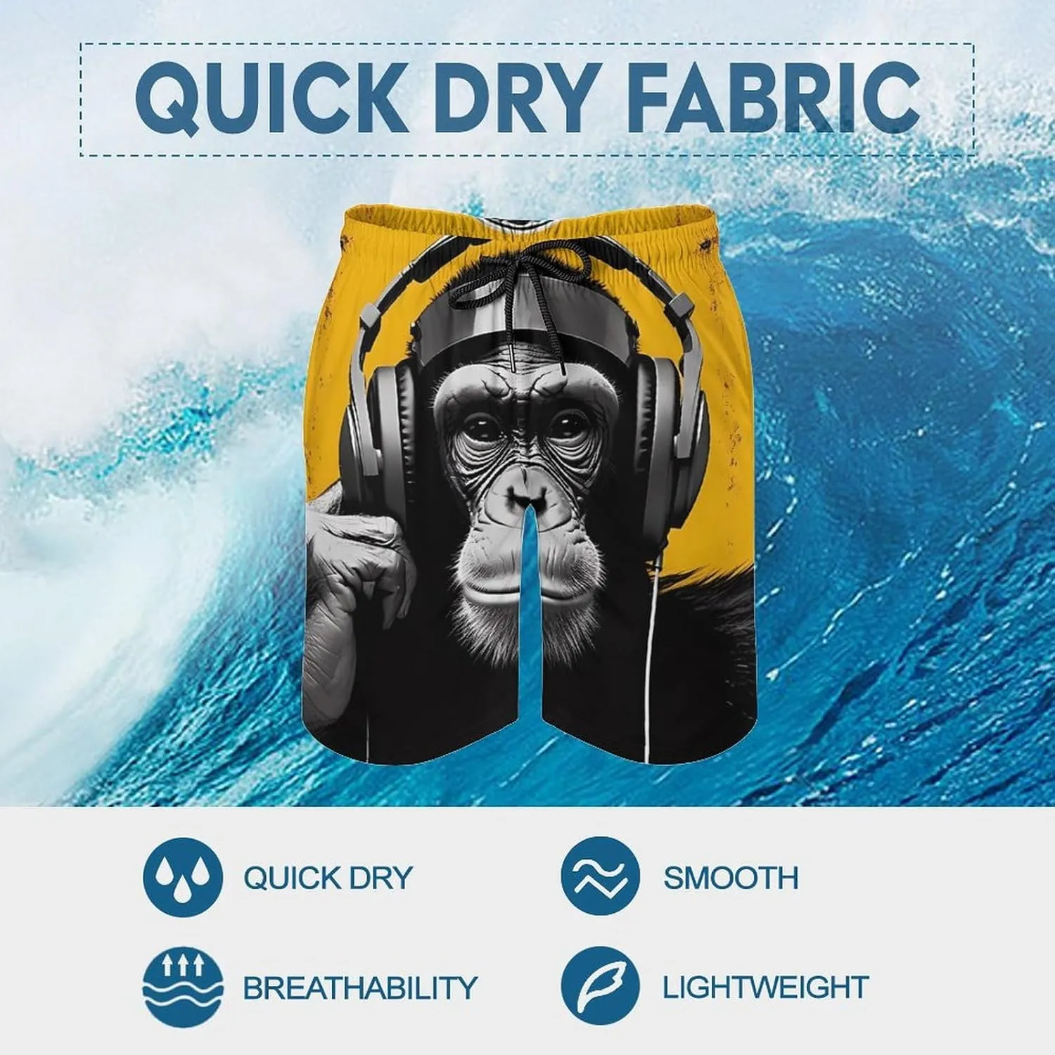 Music Headphone Monkey Men's Swim Trunks Quick Dry Bathing Suit Swimming Board Shorts Beach Swimwear