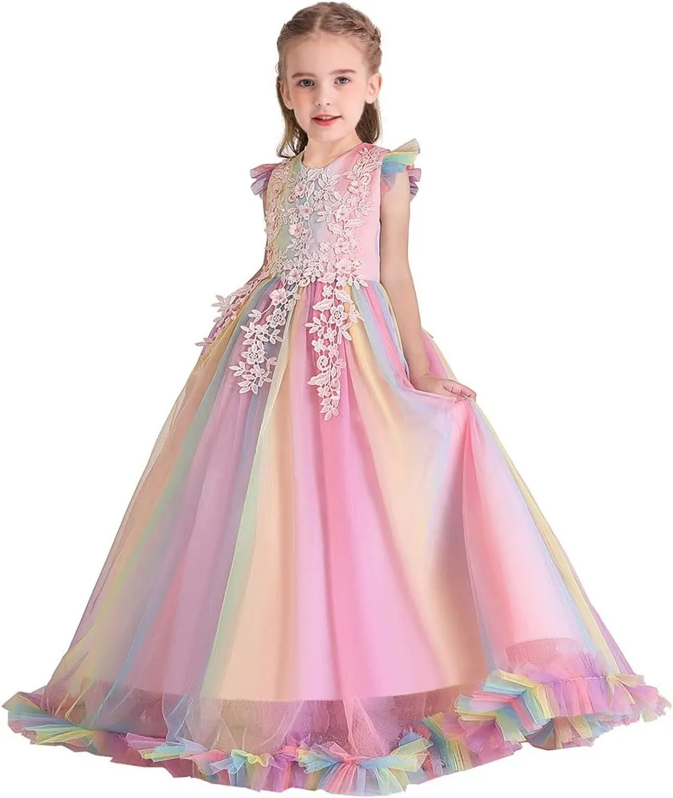 MYRISAM Girl's Embroidery Tulle Lace Maxi Flower Girl Wedding Dress Birthday Pageant Communion Dance Party Tulle Gown