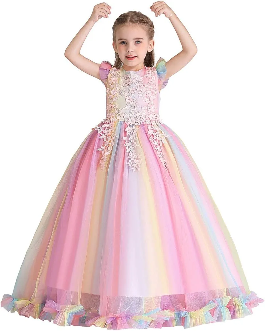 MYRISAM Girl's Embroidery Tulle Lace Maxi Flower Girl Wedding Dress Birthday Pageant Communion Dance Party Tulle Gown