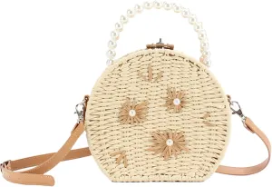 Obosoyo Elegant Straw Bag 2025 Summer Women Pearl Handle Handbag Embroidered Pearl Paper Rope Woven Crossbody Beach Bag
