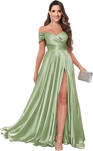 Off The Shoulder Bridesmaid Dresses for Women Long Pleated Satin Formal Dresses Evening Gown
