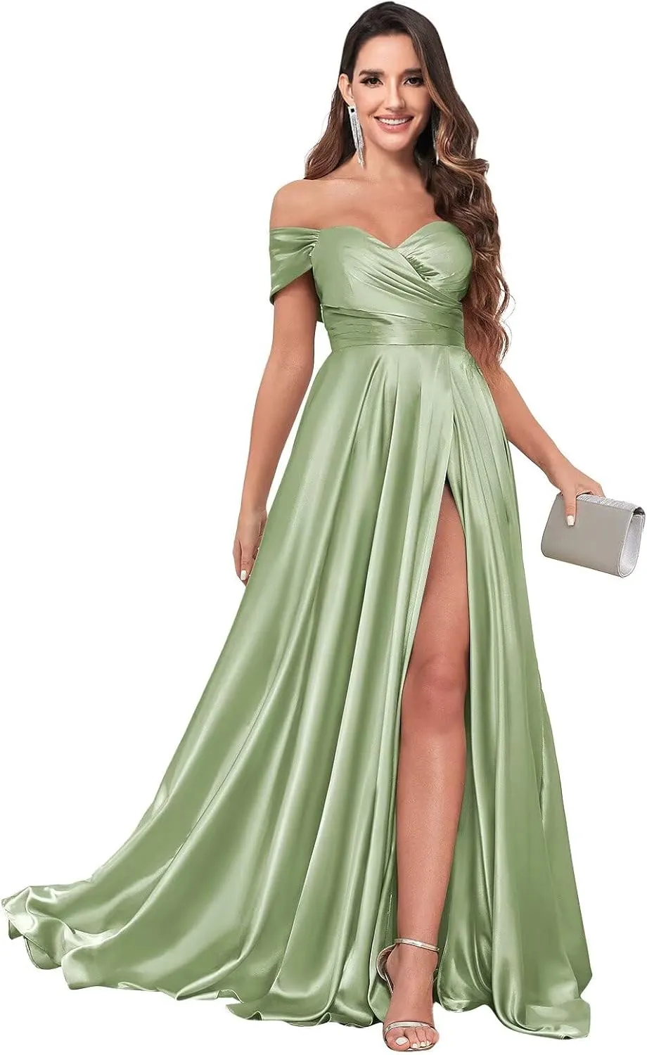 Off The Shoulder Bridesmaid Dresses for Women Long Pleated Satin Formal Dresses Evening Gown