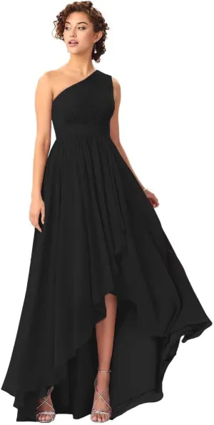One Shoulder Bridesmaid Dresses for Women High Low Chiffon Ruched Formal Evening Party Prom Gowns with Pockets