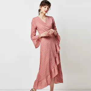 Polka Dot Dress Women Boho Maxi Long Casual V Neck
