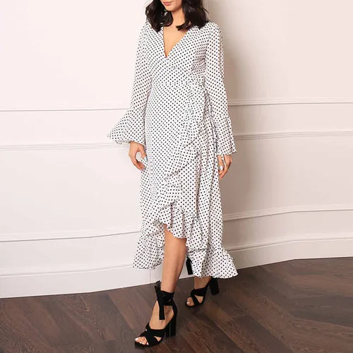 Polka Dot Dress Women Boho Maxi Long Casual V Neck
