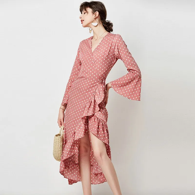 Polka Dot Dress Women Boho Maxi Long Casual V Neck