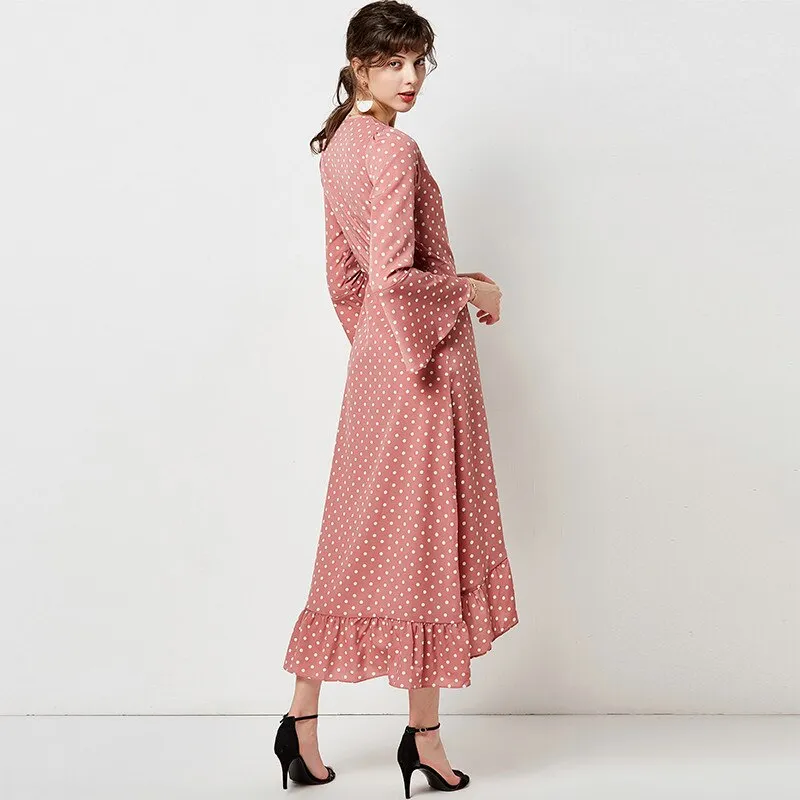 Polka Dot Dress Women Boho Maxi Long Casual V Neck