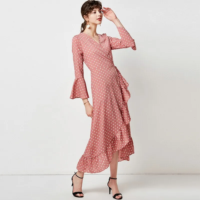 Polka Dot Dress Women Boho Maxi Long Casual V Neck