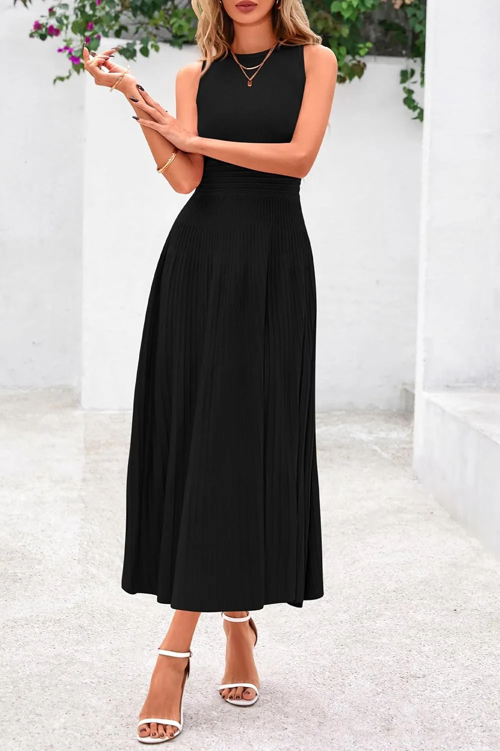 PRETTYGARDEN Spring Casual Dresses for Women 2025 Summer Business Work Midi Sleeveless A Line Pleated Cocktail Dress