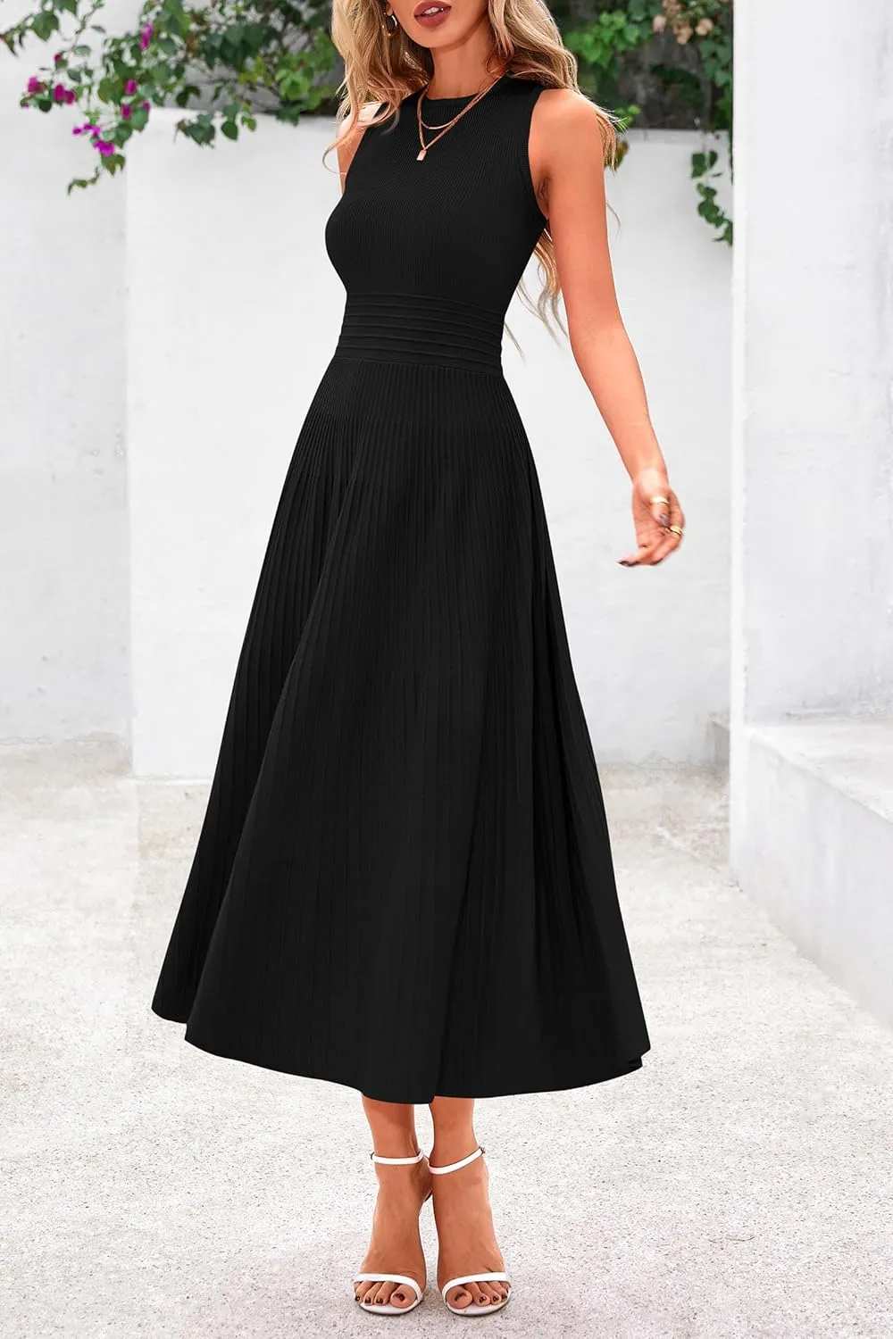 PRETTYGARDEN Spring Casual Dresses for Women 2025 Summer Business Work Midi Sleeveless A Line Pleated Cocktail Dress