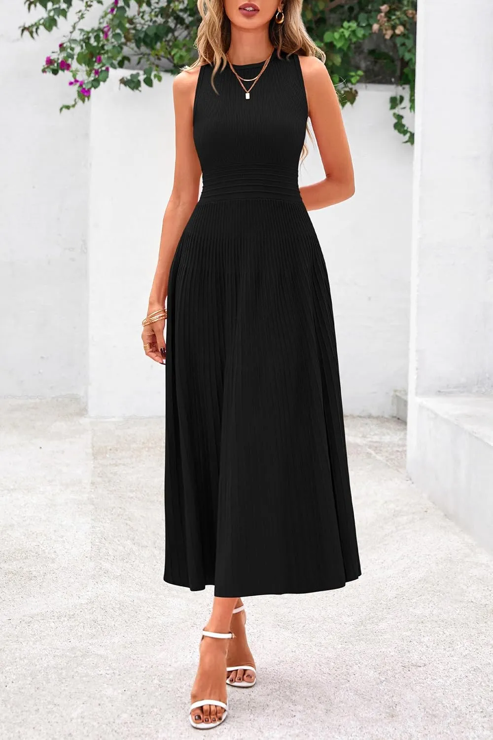 PRETTYGARDEN Spring Casual Dresses for Women 2025 Summer Business Work Midi Sleeveless A Line Pleated Cocktail Dress