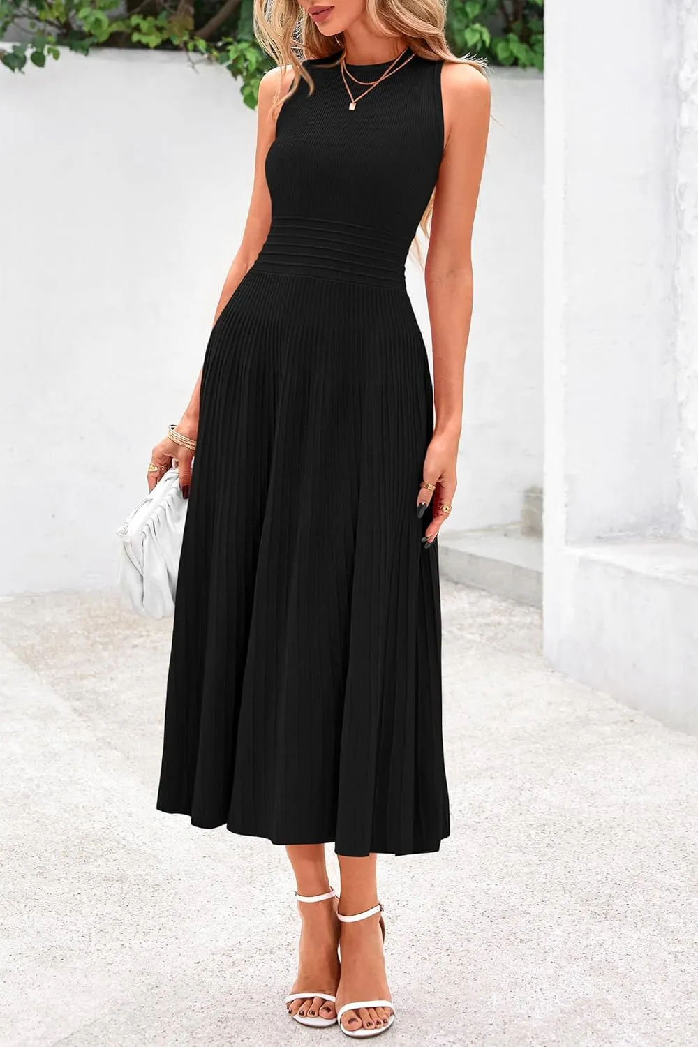 PRETTYGARDEN Spring Casual Dresses for Women 2025 Summer Business Work Midi Sleeveless A Line Pleated Cocktail Dress