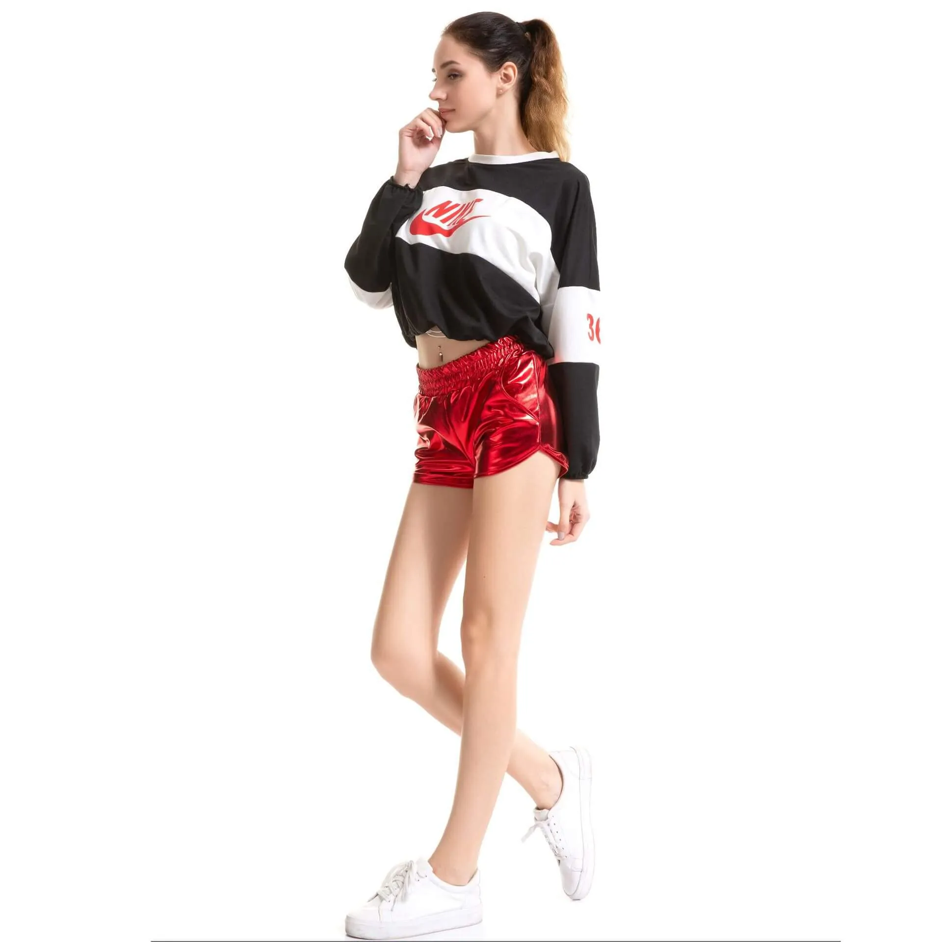Pure Color Shinning Fabric Sexy Loose Shorts