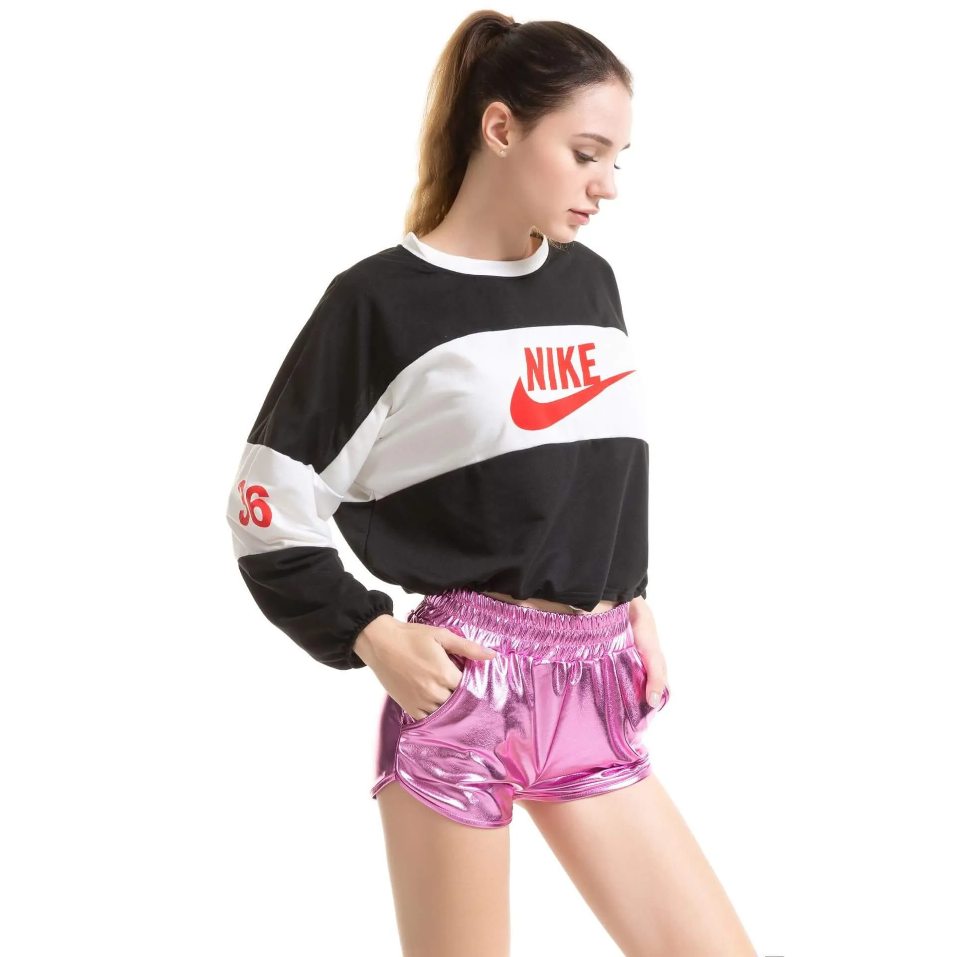 Pure Color Shinning Fabric Sexy Loose Shorts