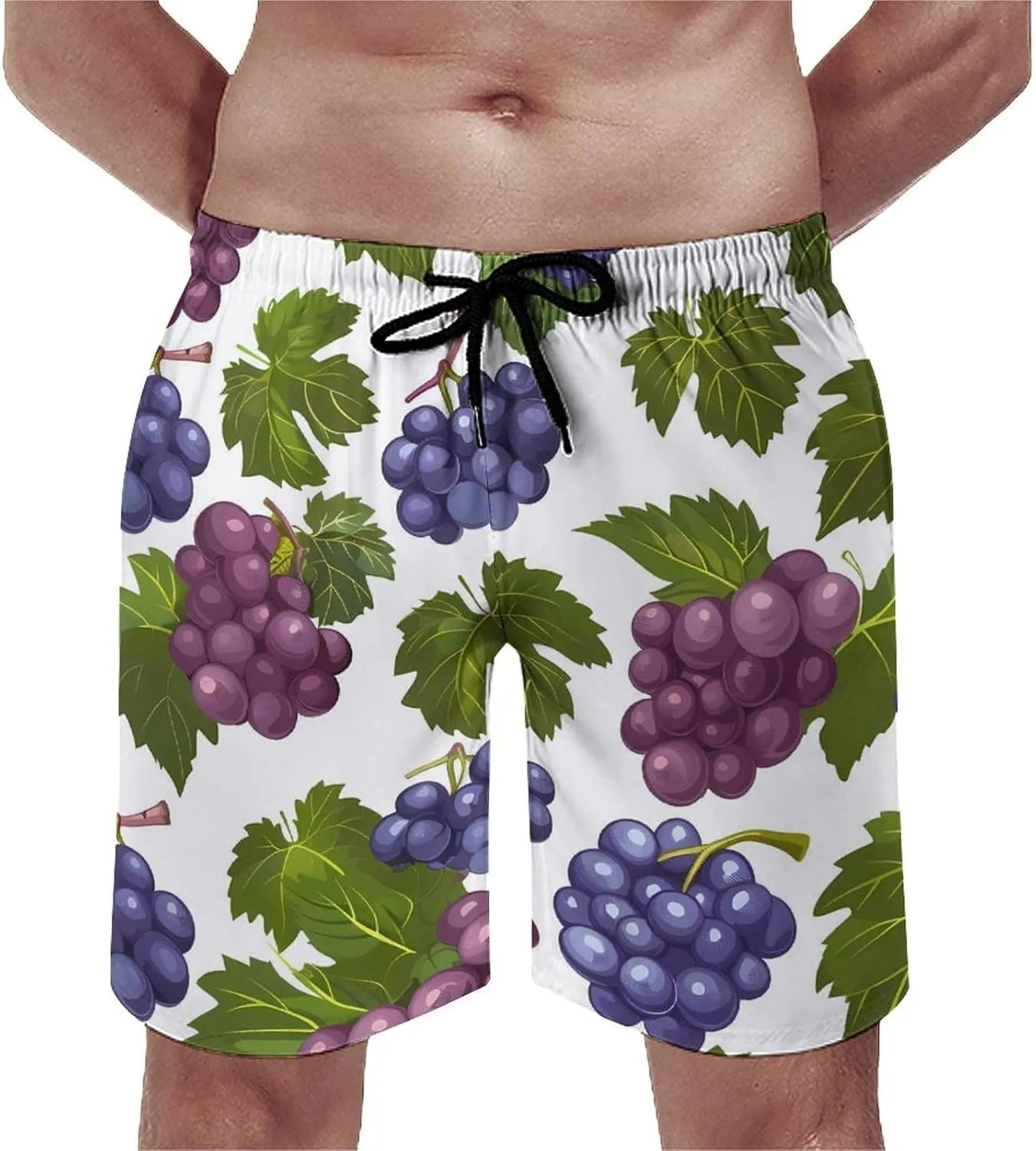 Purple Grapes with Green Leaves Men's Swim Trunks Quick Dry Board Shorts Breathable Summer Beach Shorts Bathing Suits