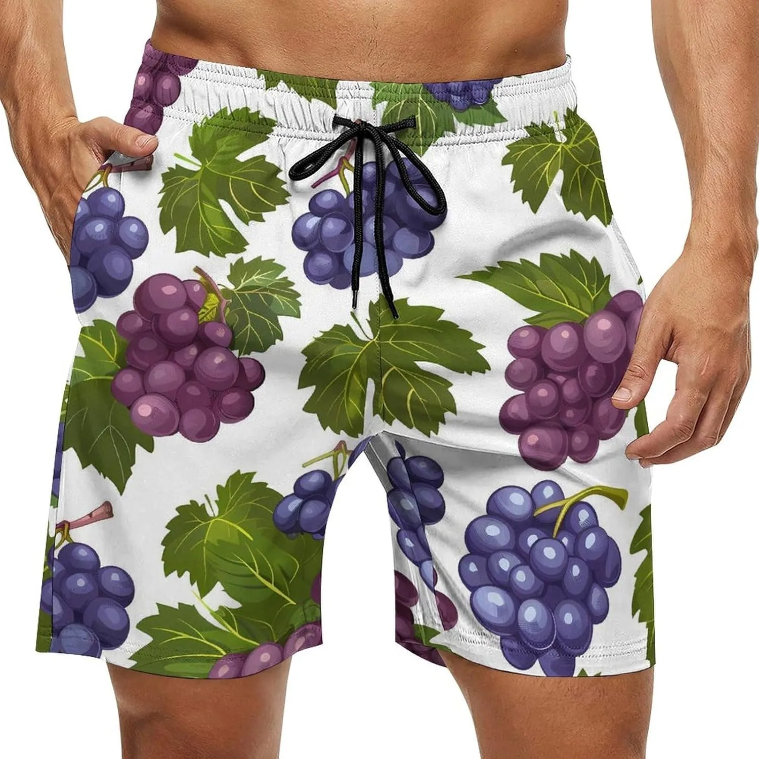 Purple Grapes with Green Leaves Men's Swim Trunks Quick Dry Board Shorts Breathable Summer Beach Shorts Bathing Suits