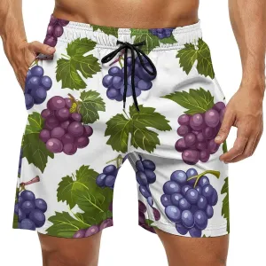 Purple Grapes with Green Leaves Men's Swim Trunks Quick Dry Board Shorts Breathable Summer Beach Shorts Bathing Suits
