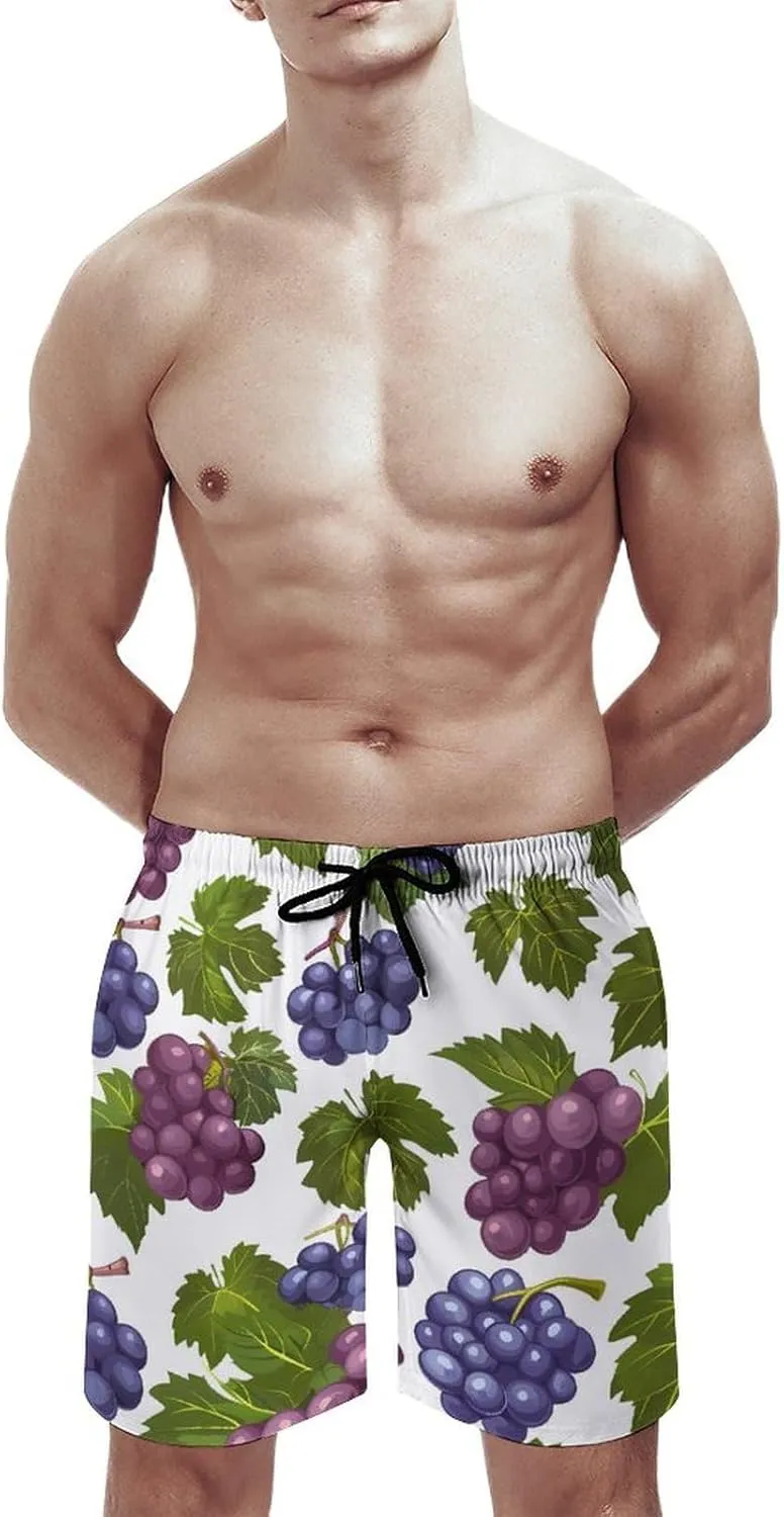 Purple Grapes with Green Leaves Men's Swim Trunks Quick Dry Board Shorts Breathable Summer Beach Shorts Bathing Suits