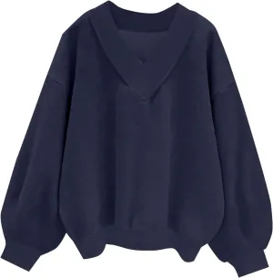 Remidoo Women's V Neck Oversized Long Sleeve Pullover Sweatshirt Drop Shoulder Loose Top