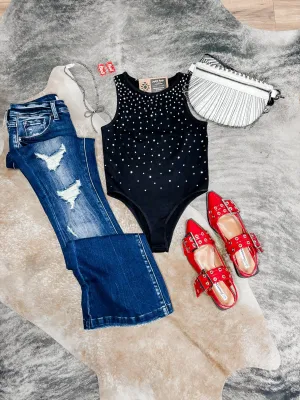 Rhinestone black sleeveless seamless bodysuit