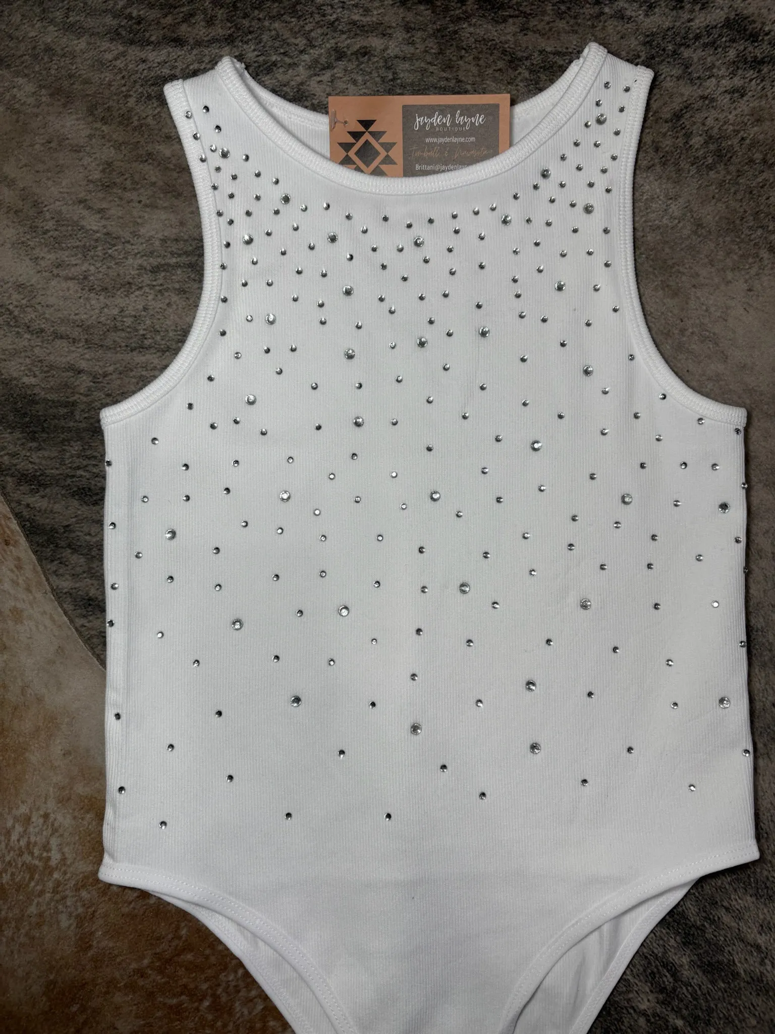 Rhinestone white sleeveless seamless bodysuit