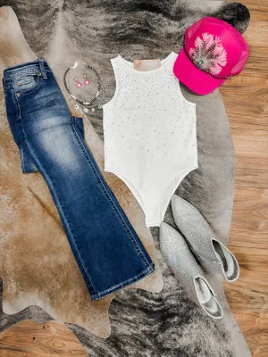 Rhinestone white sleeveless seamless bodysuit