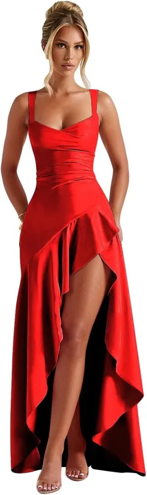 Satin Ruffles Prom Dresses for Women Hi-Low Aline Evening Dress for Women 2025 QA204A-CP