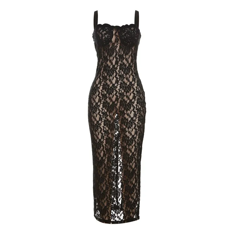 See Through Lace Maxi Dress Women Solid Hollow Out Bodycon Female Backless Streetwear Elegant Club Robe Vestidos