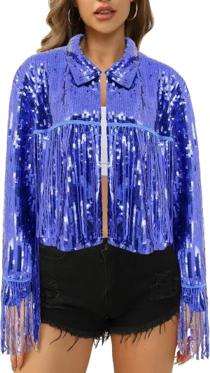 Segreto Women's Glitter Sequin Tassels Bomber Open Front Jacket Shiny Fringe Long Sleeve Coat Cardigan Blazer Disco Outfits