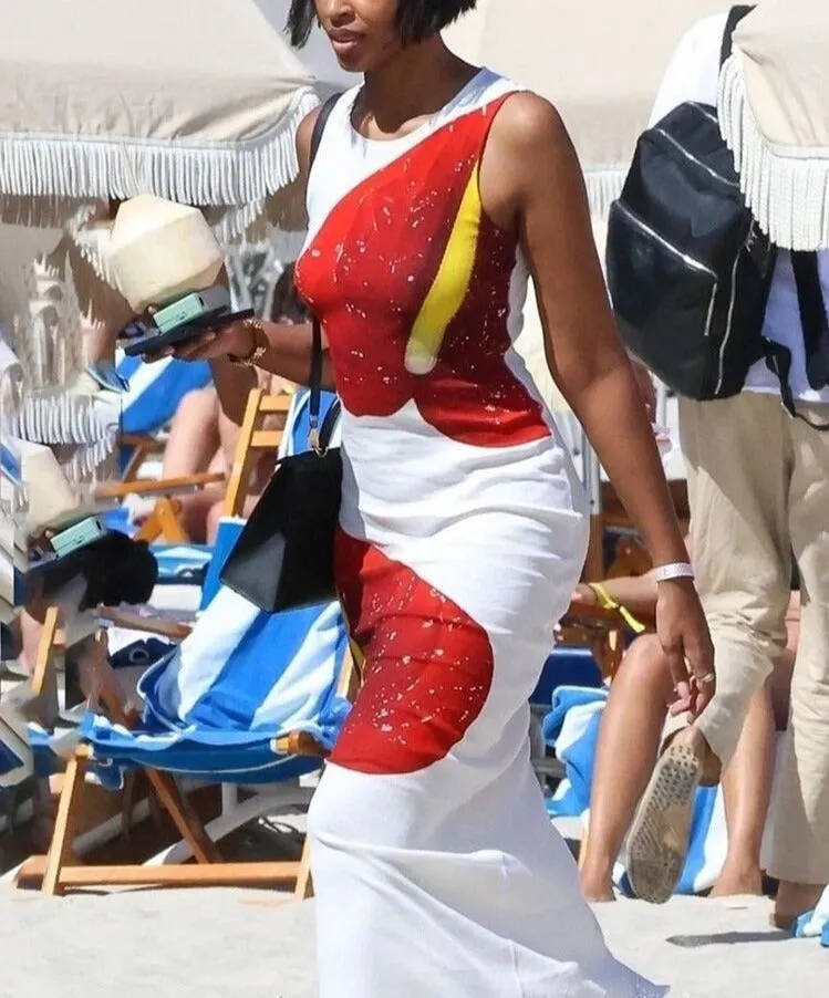 Sexy Red Lip Print Maxi Dress Women Elegant Round Neck Sleeveless Side Split Summer Female Evening Dresses Streetwear