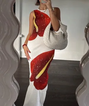 Sexy Red Lip Print Maxi Dress Women Elegant Round Neck Sleeveless Side Split Summer Female Evening Dresses Streetwear