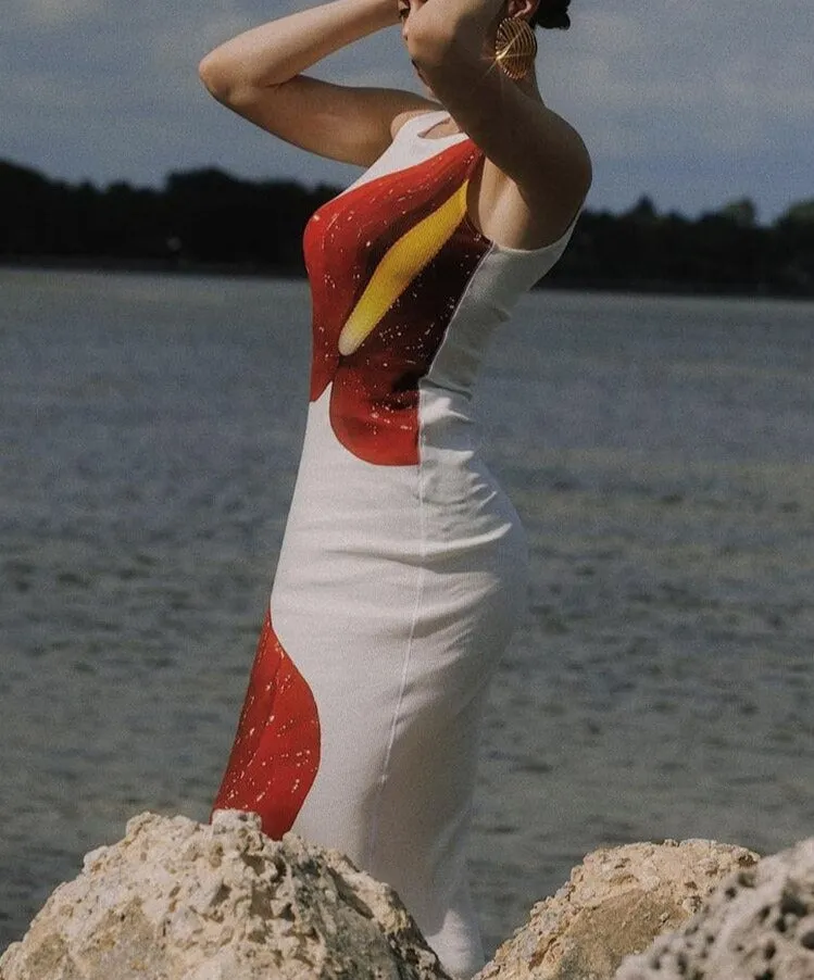 Sexy Red Lip Print Maxi Dress Women Elegant Round Neck Sleeveless Side Split Summer Female Evening Dresses Streetwear