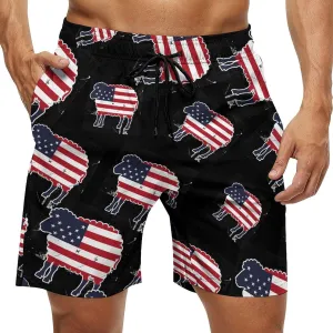 Sheep in American Flag USA Men's Swim Trunks Quick Dry Board Shorts Breathable Summer Beach Shorts Bathing Suits