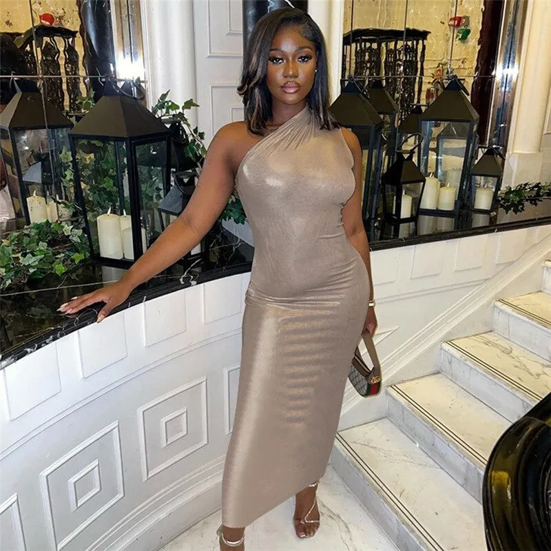 Shiny Sexy Diagonal Collar One Shoulder Maxi Dress Women Solid Silky Body-shaping Elegant Robe Female outfits