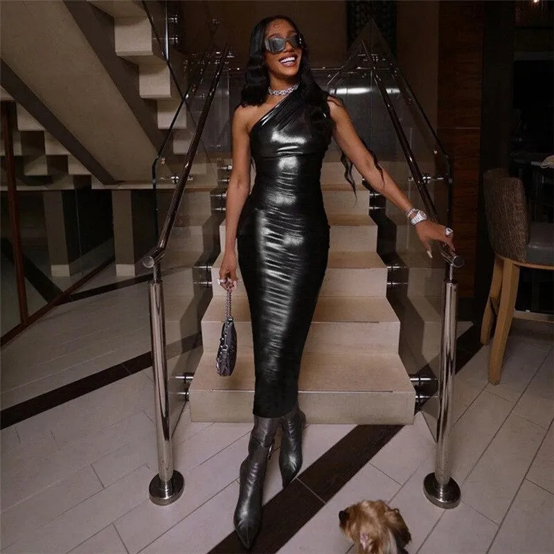 Shiny Sexy Diagonal Collar One Shoulder Maxi Dress Women Solid Silky Body-shaping Elegant Robe Female outfits