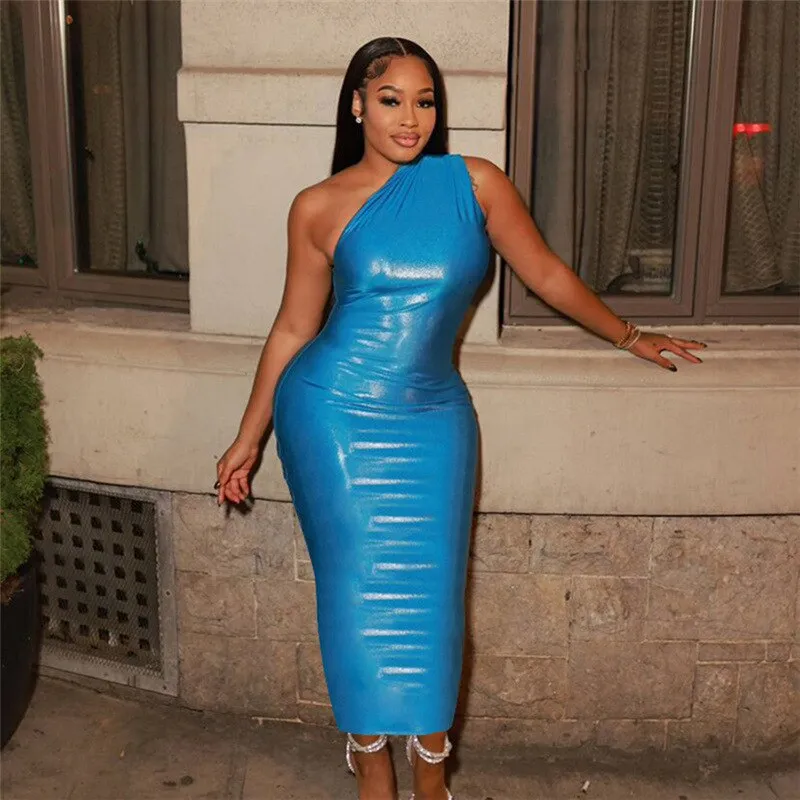 Shiny Sexy Diagonal Collar One Shoulder Maxi Dress Women Solid Silky Body-shaping Elegant Robe Female outfits
