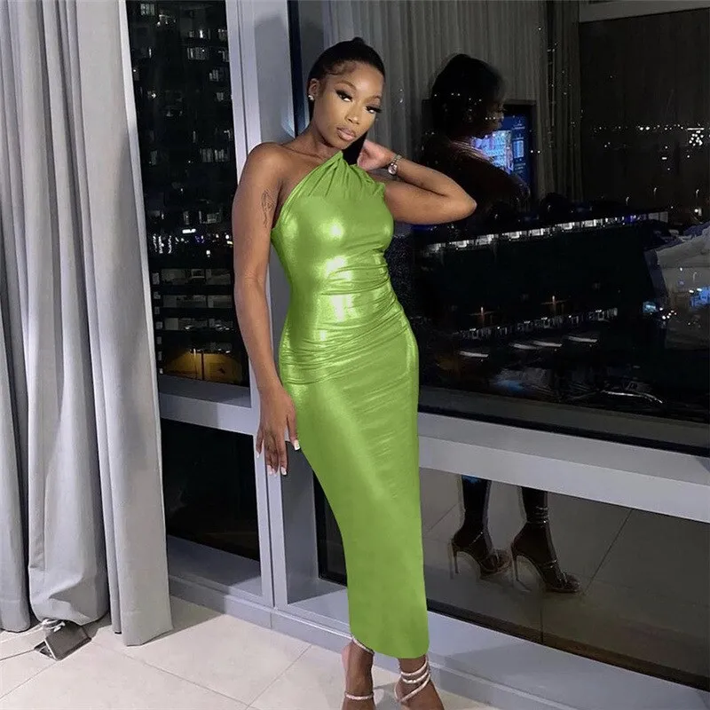 Shiny Sexy Diagonal Collar One Shoulder Maxi Dress Women Solid Silky Body-shaping Elegant Robe Female outfits