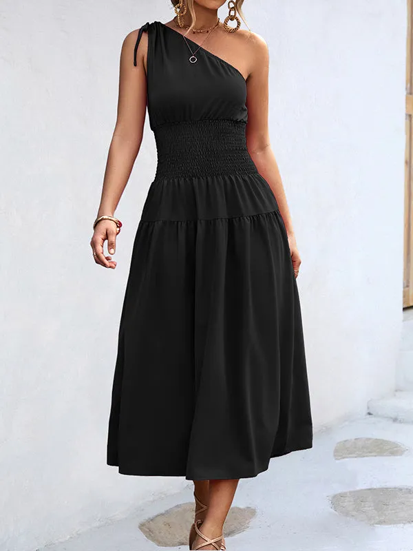 Solid Color Sleeveless One-shoulder Midi Dresses