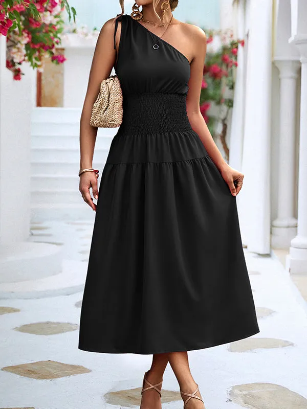 Solid Color Sleeveless One-shoulder Midi Dresses