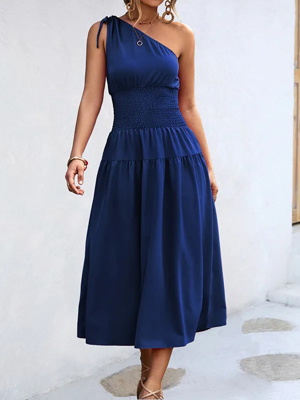 Solid Color Sleeveless One-shoulder Midi Dresses